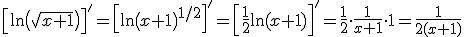 \left[\ln \left(\sqrt{x+1}\right)\right]'= \left[\ln \left(x+1\right)^{1/2}\right]' = \left[\frac{1}{2}\ln (x+1)\right]'= \frac{1}{2}\cdot \frac{1}{x+1}\cdot 1=\frac{1}{2(x+1)}