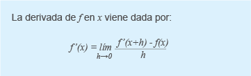 La derivada de f en x viene dada por f'(x)=\lim_{h\to 0}\frac{f(x+h)-f(x)}{h}