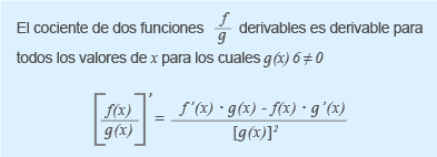 El cociente de dos funciones f/g derivables es derivable para todos los valores de x para los cuales g(x) es diferente a 0