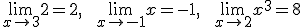 \lim_{x\to 3}2 = 2, \lim_{x\to -1}x=-1, \lim_{x\to 2}x^3=8 