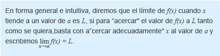 En forma general e intuitiva, diremos que el límite de f(x) cuando x tiende a un valor de a es L, si para acercar el valor de f(x) a L tanto como se quiera, basta con acercar adecuadamente x al valor de a