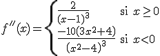 f''(x)=\left\{ \begin{array}{lll} \frac{2}{(x-1)^3} & \mbox{si} & x\geq 0  \\ \frac{-10\left(3x^2+4\right)}{\left(x^2-4\right)^3} & \mbox{si} & x<0\\ \end{array} \right.
