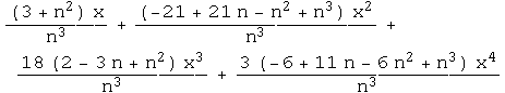 ((3 + n^2) x)/n^3 + ((-21 + 21 n - n^2 + n^3) x^2)/n^3 + (18 (2 - 3 n + n^2) x^3)/n^3 + (3 (-6 + 11 n - 6 n^2 + n^3) x^4)/n^3