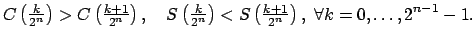 $\displaystyle C\left( \tfrac{k}{2^{n}}\right) >C\left( \tfrac{k+1}{2^{n}}\right...
...n}}\right) <S\left( \tfrac{k+1}{2^{n}}\right) ,\ \forall k=0,\ldots ,2^{n-1}-1.$