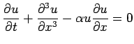 $ \displaystyle{\frac{\partial u}{\partial t}} +
\displaystyle{\frac{\partial ^3u}{\partial x^3}} - \alpha u\displaystyle{\frac{\partial
u}{\partial x}} = 0$