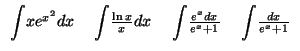 $\displaystyle \begin{array}[c]{llll}%%
{\displaystyle\int}
xe^{x^{2}}dx\; &
{\d...
...frac{e^{x}dx}{e^{x}+1}\; &
{\displaystyle\int}
\frac{dx}{e^{x}+1}%%
\end{array}$