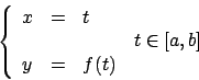 \begin{displaymath}
\left \{
\begin{array}{lclr}
x & = & t & \\
& & & t \in [a,b] \\
y & = & f(t) & \\
\end{array}\right.
\end{displaymath}