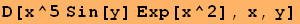 D[x^5 Sin[y] Exp[x^2], x, y]