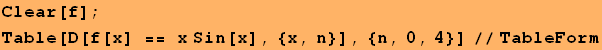 Clear[f] ; Table[D[f[x] == x Sin[x], {x, n}], {n, 0, 4}]//TableForm 