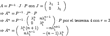 \begin{displaymath}%
\begin{array}[c]{l}%
A=P^{-1}\cdot J\cdot P\mbox{ con }J=...
...-1\right) \lambda_{1}^{n}%
\end{array}
\right)
\end{array}
\end{displaymath}