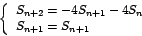 \begin{displaymath}
\left\{
\begin{array}[c]{l}%
S_{n+2}=-4S_{n+1}-4S_{n}\\
S_{n+1}=S_{n+1}%
\end{array}
\right.
\end{displaymath}