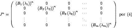 \begin{displaymath}
J^{n}=\left(
\begin{array}[c]{ccccc}%
\left( B_{1}\left( ...
...ight) ^{n}%
\end{array}
\right) \mbox{ por }\left( 4\right)
\end{displaymath}