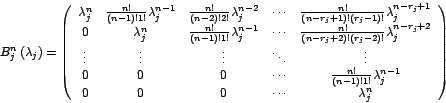 \begin{displaymath}
B_{j}^{n}\left( \lambda_{j}\right) =\left(
\begin{array}[c...
...
0 & 0 & 0 & \cdots & \lambda_{j}^{n}%
\end{array}
\right)
\end{displaymath}