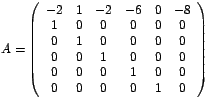 $A=\left(
\begin{array}[c]{cccccc}%
-2 & 1 & -2 & -6 & 0 & -8\\
1 & 0 & 0 & ...
... & 0\\
0 & 0 & 0 & 1 & 0 & 0\\
0 & 0 & 0 & 0 & 1 & 0
\end{array}
\right) $