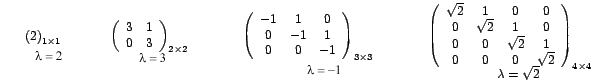 $
\begin{array}[c]{cccc}
\overline{\lambda=2}{\left( 2\right) _{1\times1}} &
...
... & 1\\
0 & 0 & 0 & \sqrt{2}
\end{array}
\right) _{4\times4}}
\end{array}
$