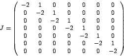 \begin{displaymath}
J=\left(
\begin{array}[c]{ccccccc}%
-2 & 1 & 0 & 0 & 0 & ...
...& -2 & 1\\
0 & 0 & 0 & 0 & 0 & 0 & -2
\end{array}
\right)
\end{displaymath}