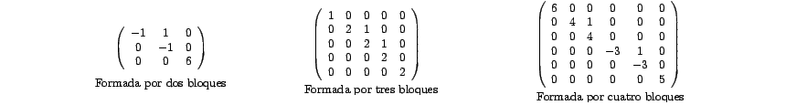 $\begin{array}[c]{ccc}
\overline{\mbox{Formada por dos
bloques}}{\left(
\beg...
...0 & 0 & -3 & 0\\
0 & 0 & 0 & 0 & 0 & 5
\end{array}
\right) }
\end{array}
$