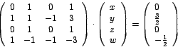 \begin{displaymath}
\left(
\begin{array}[c]{cccc}%
0 & 1 & 0 & 1\\
1 & 1 & ...
...\
\frac{3}{2}\\
0\\
-\frac{1}{2}%
\end{array}
\right)
\end{displaymath}