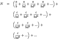 \begin{displaymath}
\begin{array}{rcl}
N & = & \displaystyle{\left( \frac{a}{b}...
...style{\left( {\frac{c}{bd^3}+...} \right)+...} \\
\end{array}\end{displaymath}