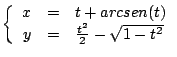 $
\left \{
\begin{array}{rcl}
x & = & t + arcsen(t) \\
y & = & \frac{t^2}{2} - \sqrt{1-t^2} \\
\end{array}
\right .
$