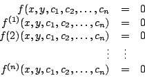 \begin{displaymath}
\begin{array}{rcl}
f(x,y,c_1,c_2,\ldots,c_n & = & 0 \\
f...
...\
f^{(n)}(x,y,c_1,c_2,\ldots, c_n) & = & 0 \\
\end{array}
\end{displaymath}