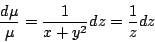 \begin{displaymath}
\frac{d \mu}{\mu} = \frac{1}{x + y^2} dz = \frac{1}{z} dz
\end{displaymath}