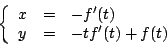 \begin{displaymath}
\left \{
\begin{array}{rcl}
x & = & -f^{\prime}(t) \\
y & = & -t f^{\prime}(t) +f(t)
\end{array}
\right.
\end{displaymath}