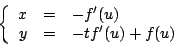 \begin{displaymath}
\left \{
\begin{array}{rcl}
x & = & -f^{\prime}(u) \\
y & = & -t f^{\prime}(u) +f(u)
\end{array}
\right.
\end{displaymath}