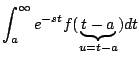 $\displaystyle \int_a^{\infty} e^{-st} f(\underbrace{t-a}_{u=t-a}) dt$