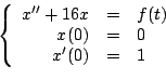 \begin{displaymath}
\left\{
\begin{array}{rcl}
x^{\prime \prime} + 16x & = & ...
... & = & 0 \\
x^{\prime}(0) & = & 1 \\
\end{array}
\right.
\end{displaymath}