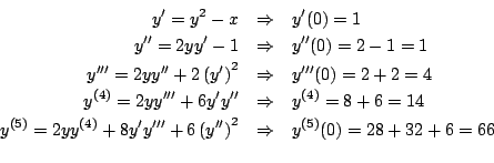 \begin{eqnarray*}
y^{\prime} = y^2 -x & \Rightarrow & y^{\prime}(0) = 1 \\
y^...
...me} \right)^2 & \Rightarrow & y^{(5)}(0) = 28 + 32 + 6 = 66 \\
\end{eqnarray*}