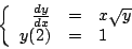 \begin{displaymath}
\left\{
\begin{array}{rcl}
\frac{dy}{dx} & = & x \sqrt{y} \\
y(2) & = & 1 \\
\end{array}
\right.
\end{displaymath}
