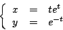 \begin{displaymath}
\left\{
\begin{array}{rcl}
x & = & te^t \\
y & = & e^{-t} \\
\end{array}
\right.
\end{displaymath}