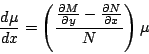 \begin{displaymath}
\frac{d \mu}{d x} = \left(\frac{\frac{\partial M}{\partial y} - \frac{\partial N}{\partial x} }{ N } \right) \mu
\end{displaymath}
