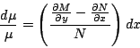 \begin{displaymath}
\frac{d \mu}{ \mu} = \left(\frac{\frac{\partial M}{\partial y} - \frac{\partial N}{\partial x} }{ N } \right) dx
\end{displaymath}