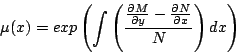 \begin{displaymath}
\mu(x) = exp\left( \int \left( \frac{ \frac{\partial M}{\pa...
...y} - \frac{\partial N}{ \partial x} }{ N } \right) dx \right)
\end{displaymath}