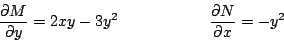 \begin{displaymath}
\frac{\partial M}{\partial y} = 2xy - 3y^2 \hspace{2cm} \frac{\partial N}{\partial x}= -y^2
\end{displaymath}