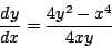 \begin{displaymath}
\frac{dy}{dx} = \frac{4y^2 - x^4}{4xy}
\end{displaymath}