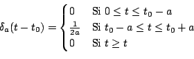 \begin{displaymath}
\delta_a(t - t_0) =
\begin{cases}
0 & \text{Si $0 \leq t ...
... \leq t_0+a$} \\
0 & \text{Si $t \geq t$} \\
\end{cases}
\end{displaymath}